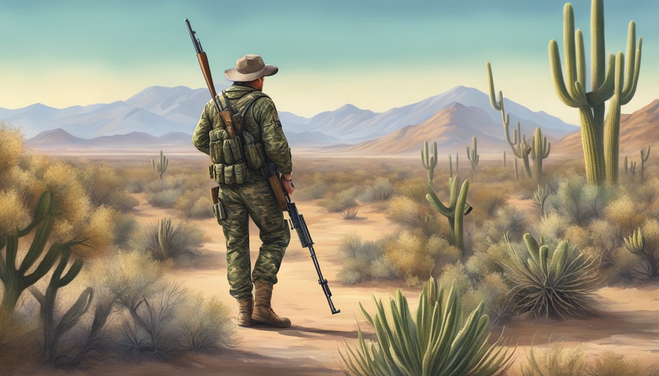 A hunter in camouflage navigating through a desert landscape with cacti and scrub brush, carrying a shotgun and scanning the horizon for wild turkeys