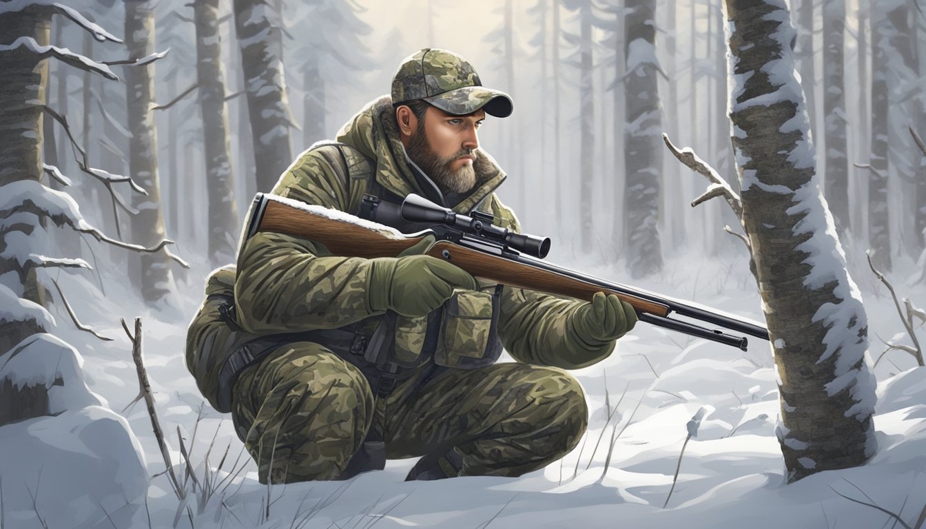 A hunter in camouflage gear sets up a blind in a snowy Alaskan forest, with a shotgun and turkey calls at the ready