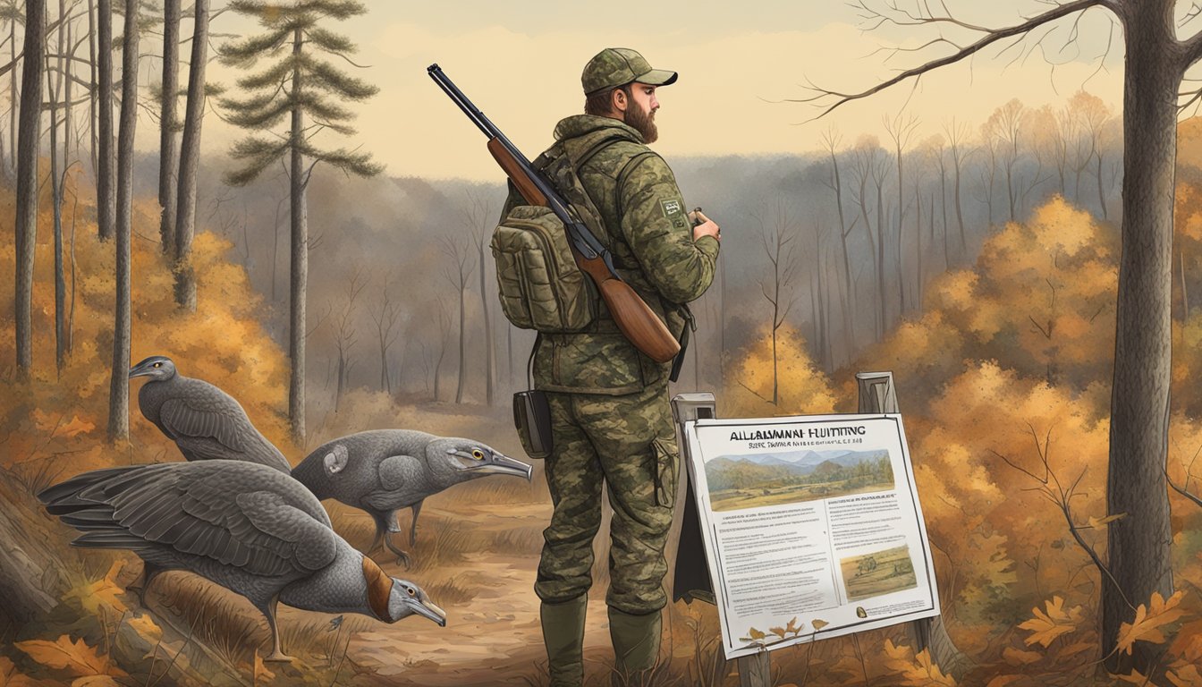 A hunter in full camouflage holds a shotgun, while a sign nearby displays the regulations for turkey hunting in Alabama