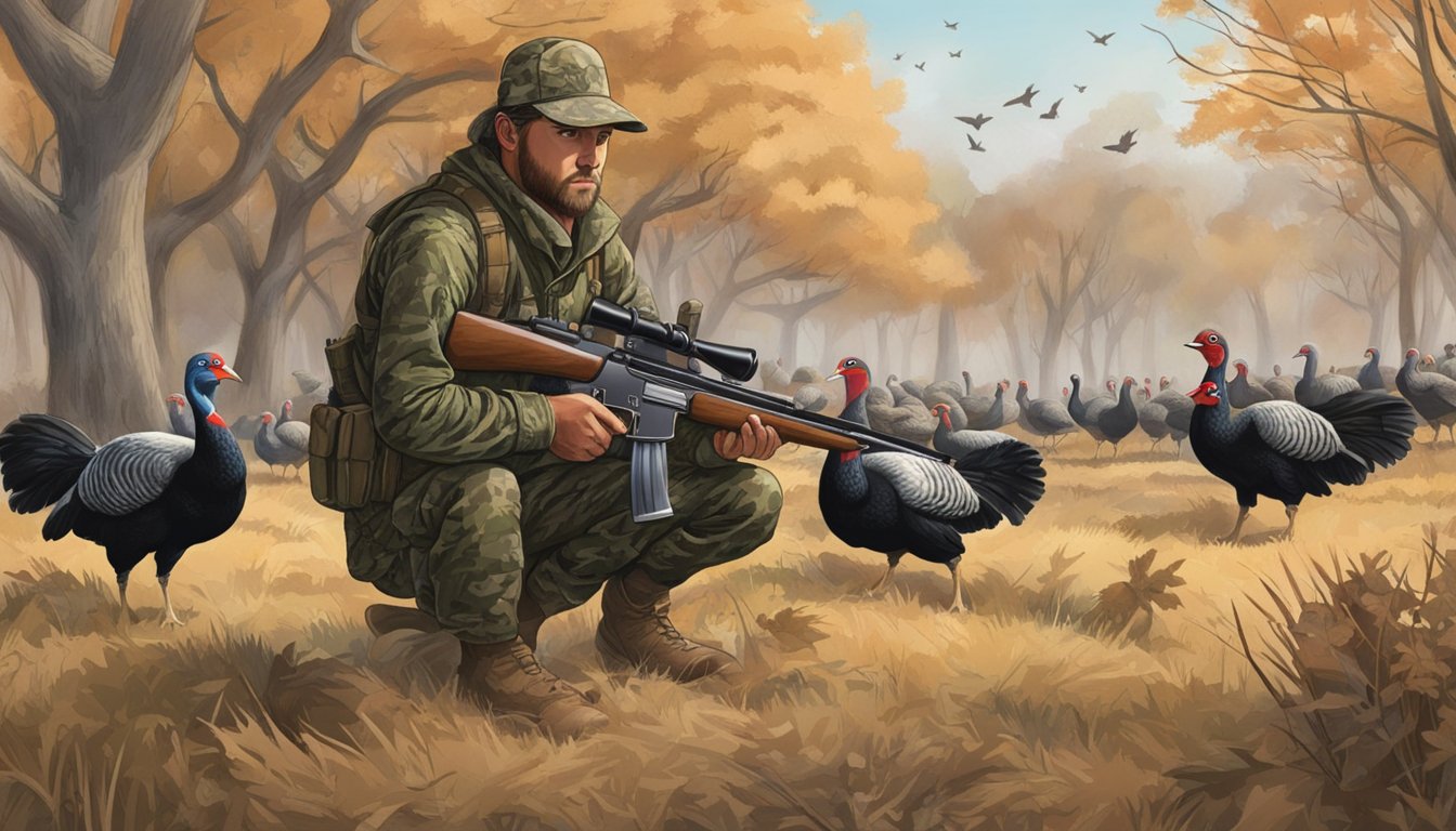 A hunter in camouflage gear crouches behind a bush, shotgun at the ready, as a flock of turkeys cautiously approaches