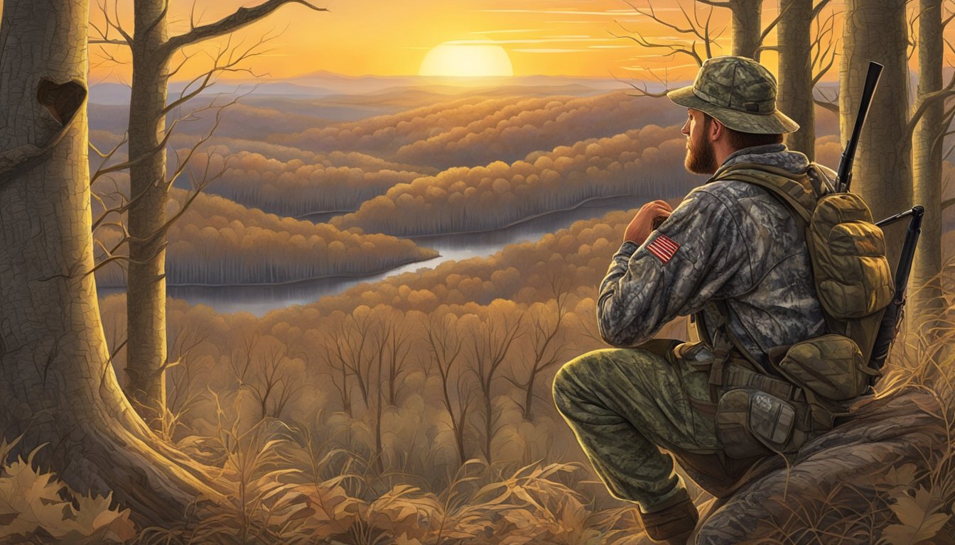 A camouflaged hunter waits in a wooded area, using turkey calls to lure gobblers. The sun sets over the Alabama landscape, casting a warm glow