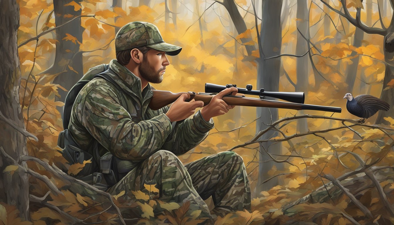 A hunter in camouflage sits in a woodland blind, surrounded by trees and shrubs, with a turkey call in hand