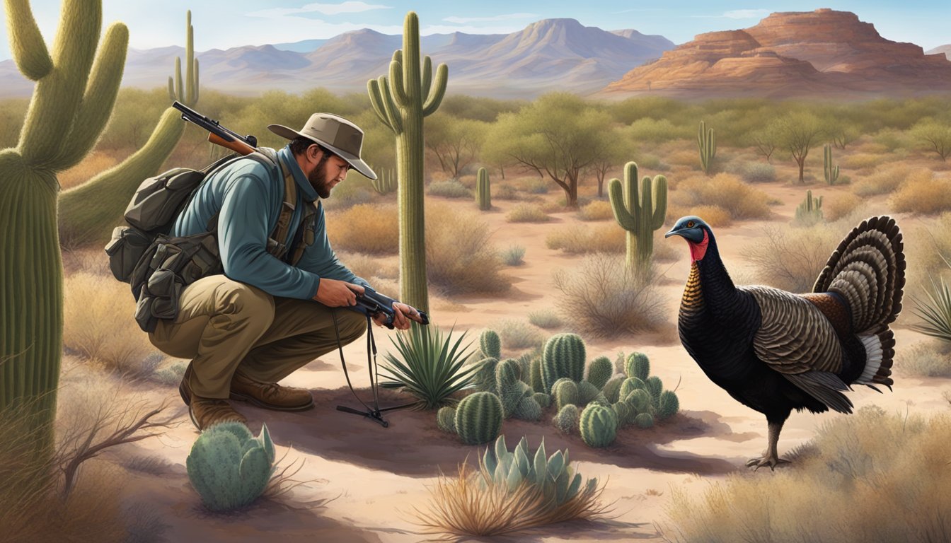 A hunter setting up a blind in the Arizona desert, surrounded by scrub brush and cacti, with a turkey decoy placed strategically in front