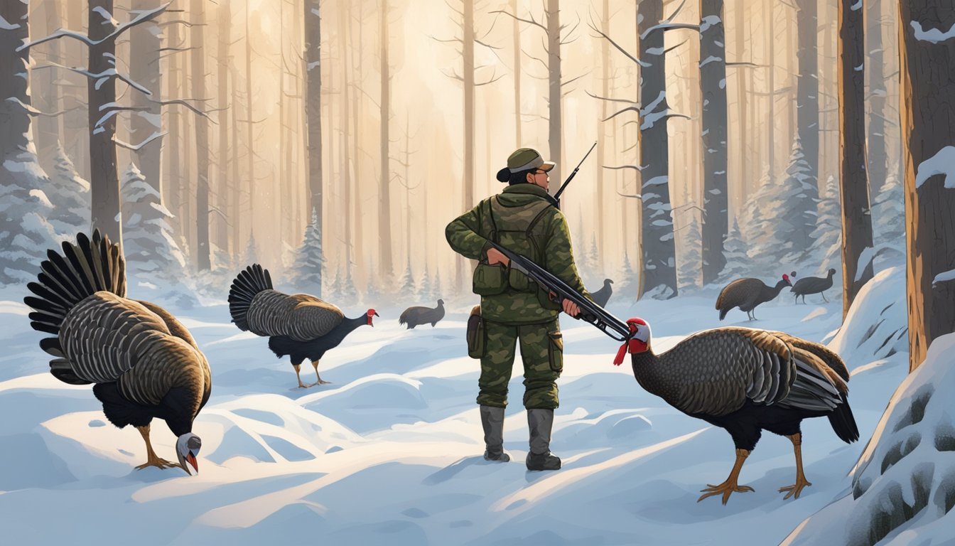 A hunter in camouflage gear stands in a snowy Alaskan forest, aiming a shotgun at a flock of turkeys in the distance