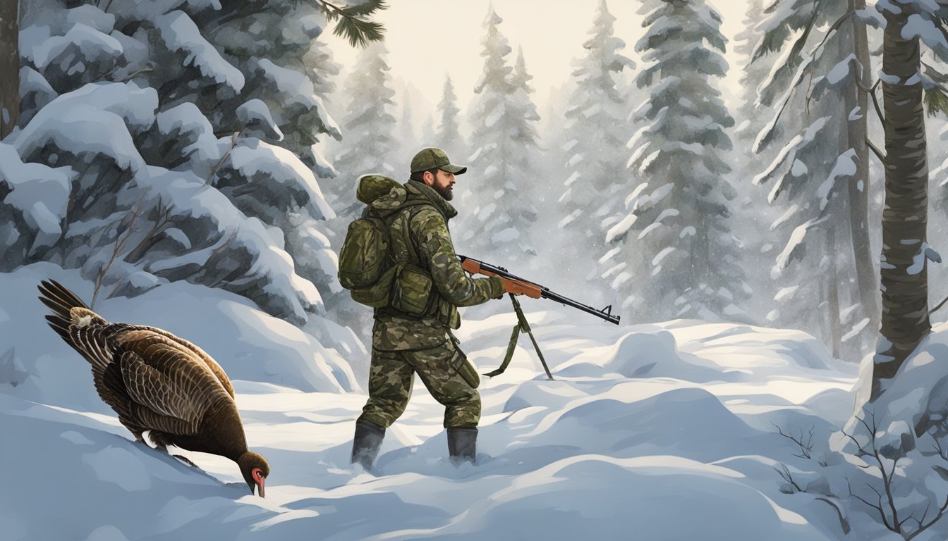 A hunter in camouflage aiming at a turkey in a snowy Alaskan forest, with a focus on conservation and ethical hunting practices