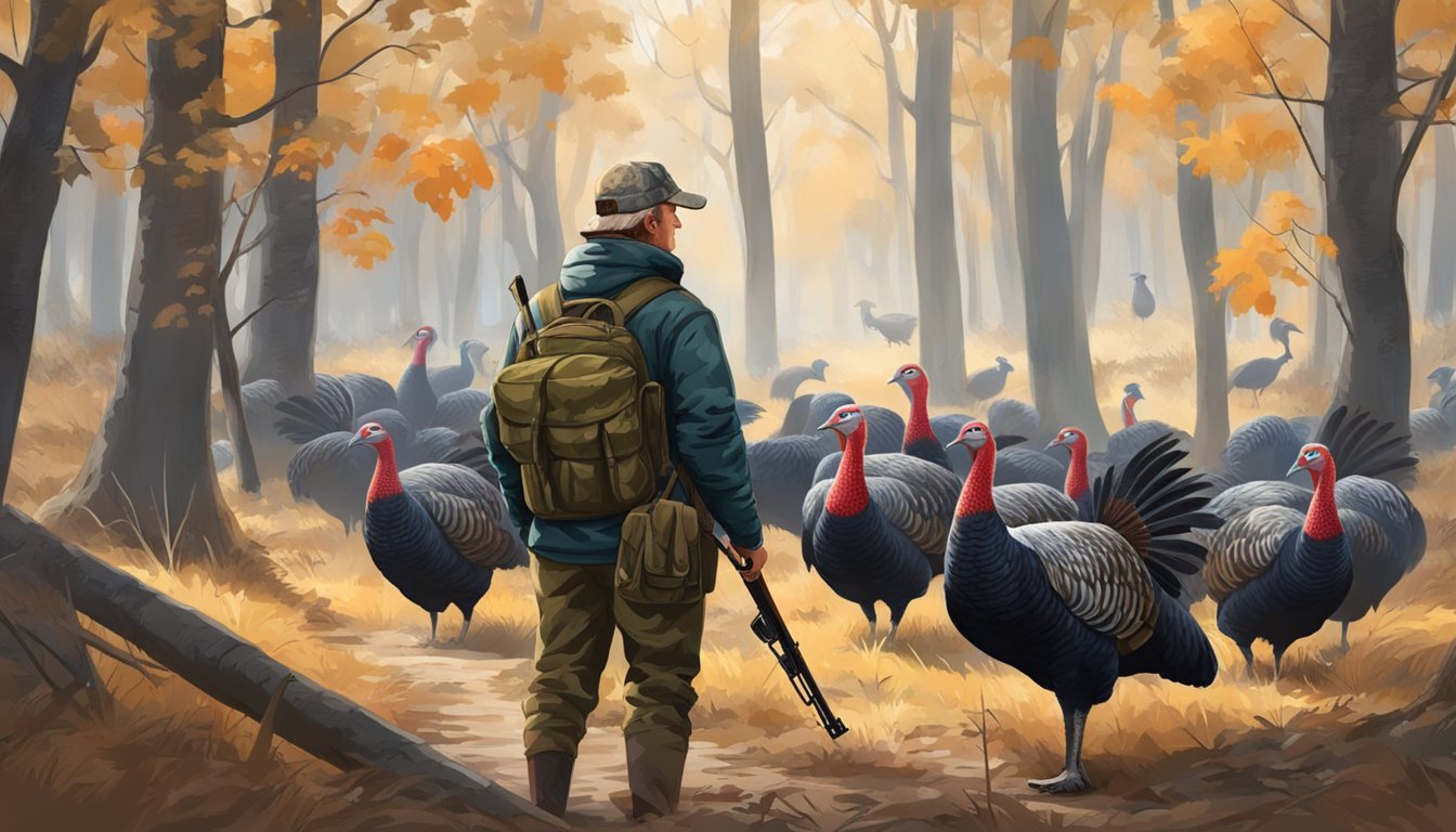 A hunter in camouflage waits in a wooded area, shotgun at the ready. A flock of wild turkeys roams through the underbrush