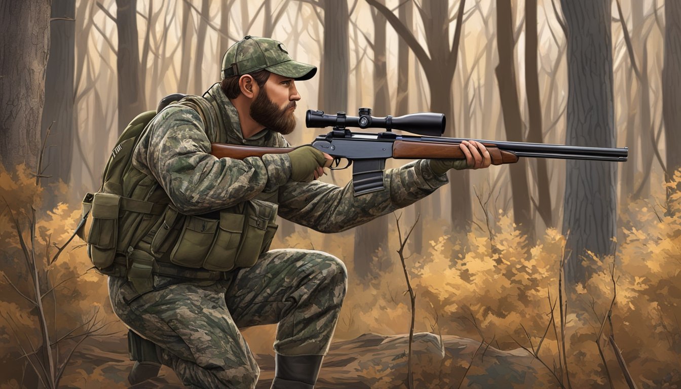 A hunter in camouflage following regulations, with a shotgun, surrounded by trees and brush in the Arkansas wilderness