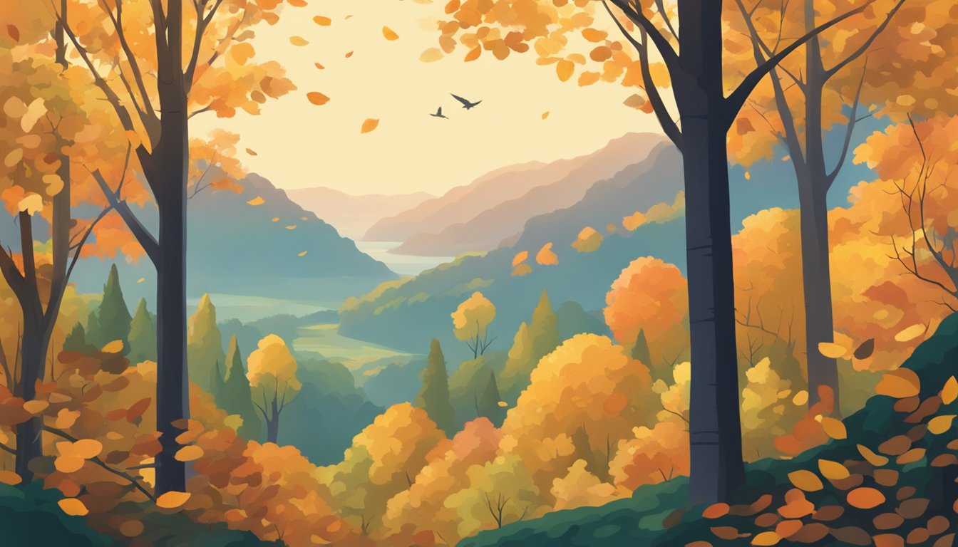 A lush forest with autumn leaves, a clear sky, and a hidden turkey in the distance