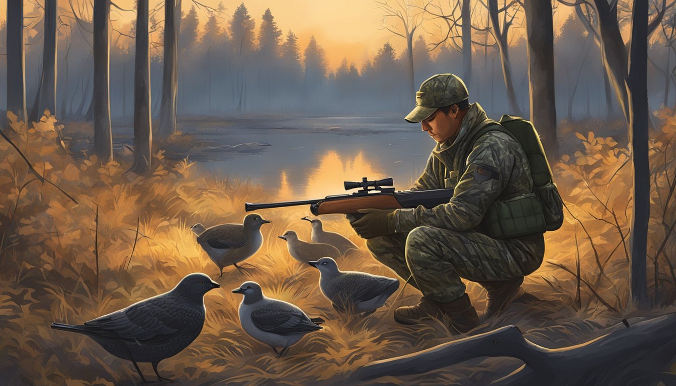 A hunter in camouflage gear setting up decoys in a wooded area at dawn