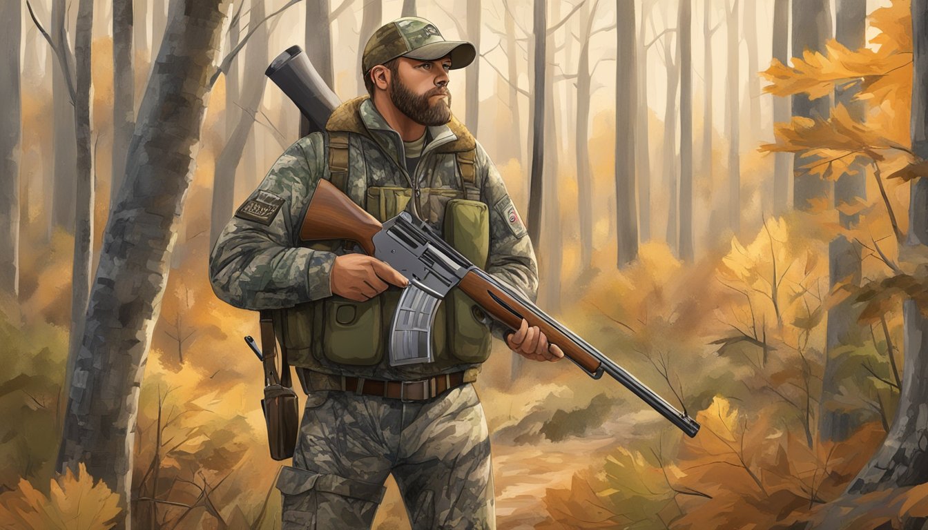 A hunter in camouflage gear with a shotgun, turkey calls, and a hunting license in a forested area in Arkansas