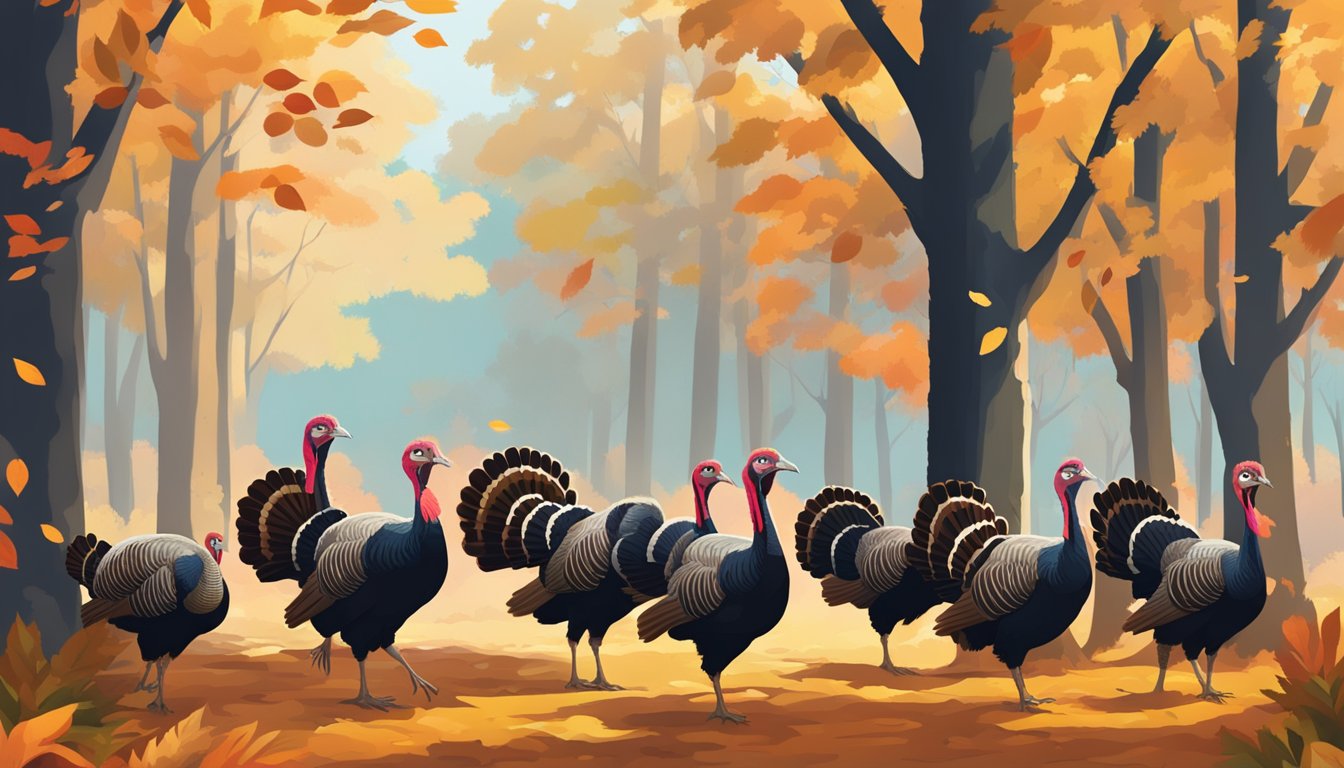 A group of turkeys wandering through a forest in Arkansas, with vibrant autumn foliage in the background