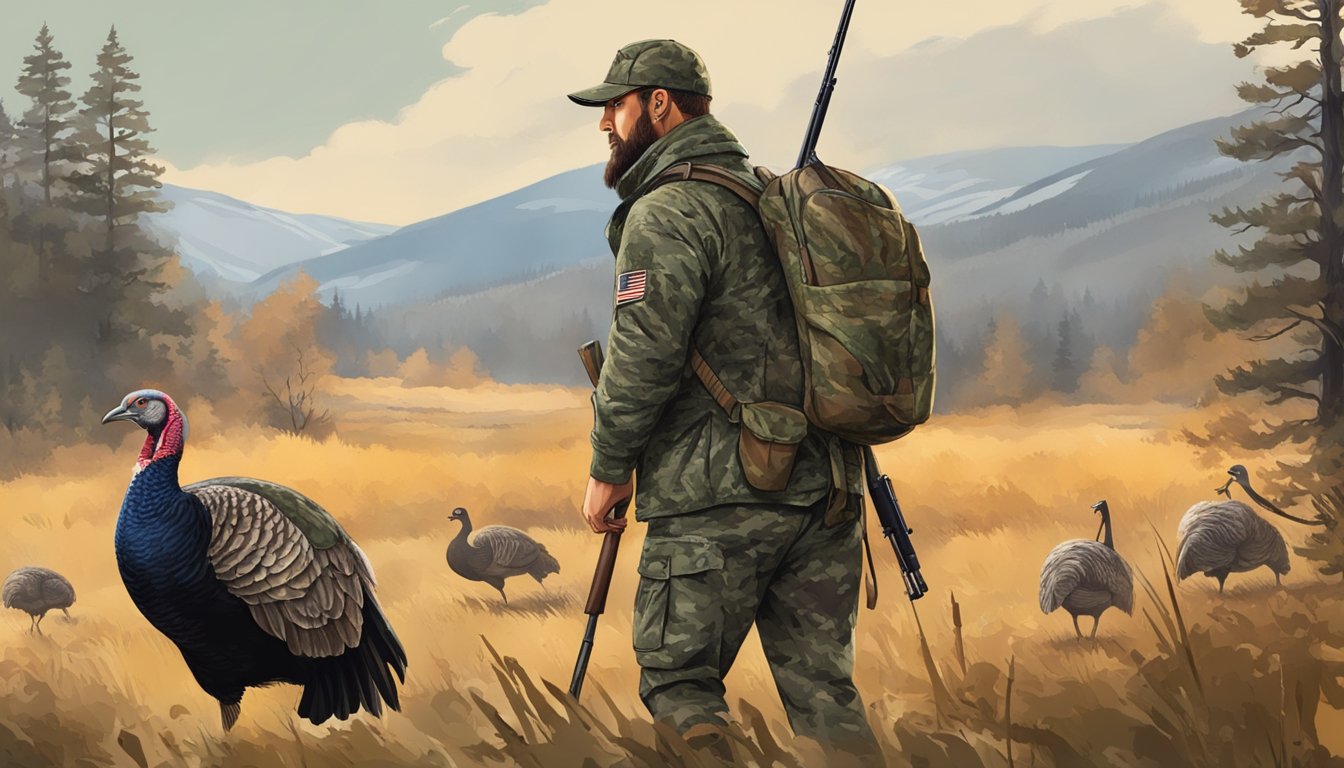 A hunter in camouflage following state regulations, with a turkey in sight