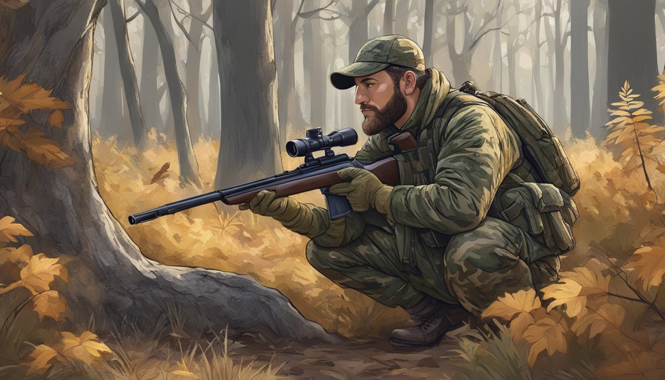 A hunter in camouflage kneeling behind a bush, aiming at a turkey in a wooded area with a clear emphasis on ethical hunting practices and conservation