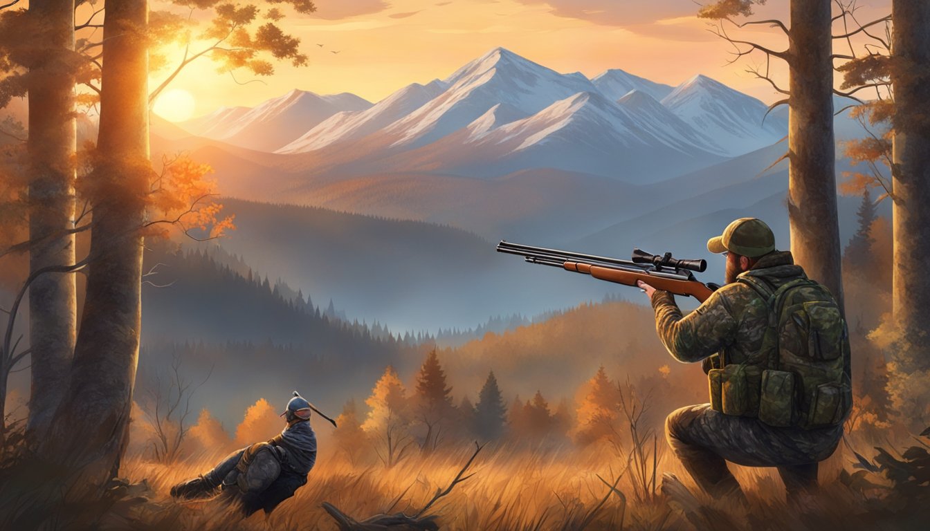 A hunter in camouflage aims a shotgun at a wild turkey in a forest clearing. The sun sets behind the mountains, casting a warm glow over the scene