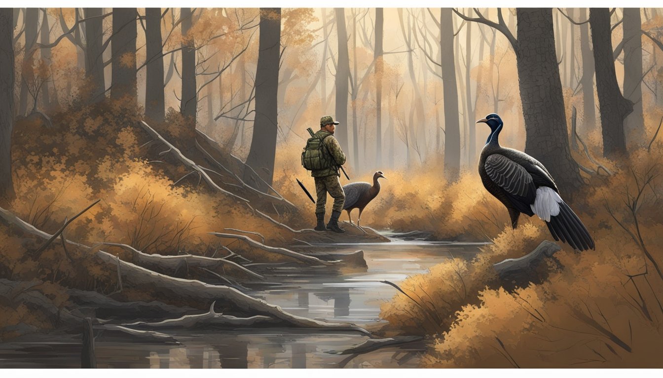 A hunter in camouflage waits in a wooded area, shotgun at the ready, while a wild turkey cautiously approaches through the underbrush