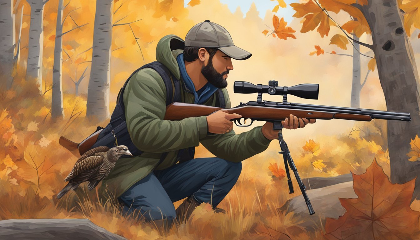 A hunter crouches in the Colorado wilderness, surrounded by autumn foliage, aiming a shotgun at a wild turkey