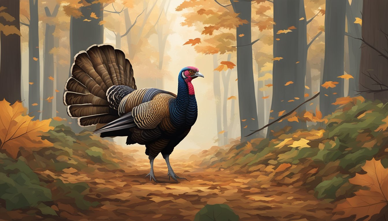 A wild turkey struts through a dense forest in the hunting district of Columbia, surrounded by tall trees and fallen leaves