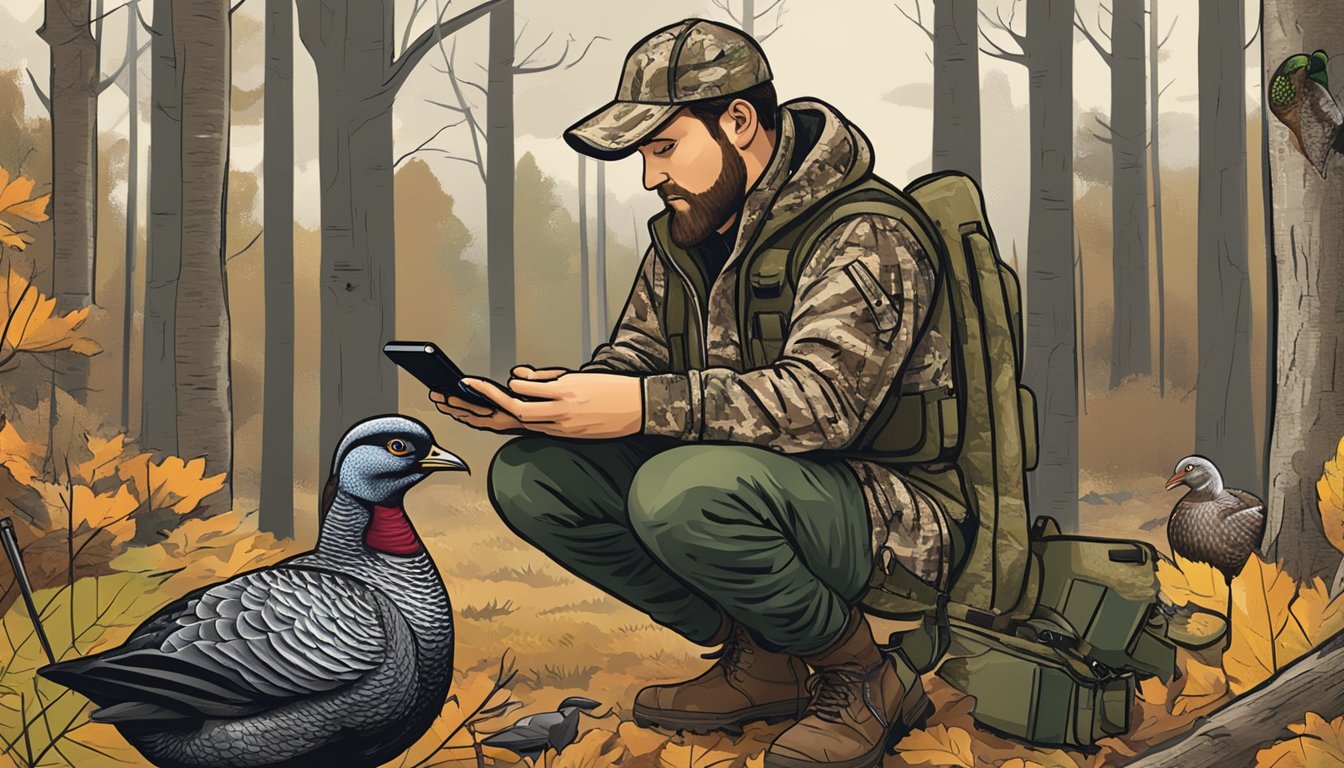 A hunter in camouflage setting up decoys in a wooded area, checking the turkey hunting regulations in Delaware on a smartphone