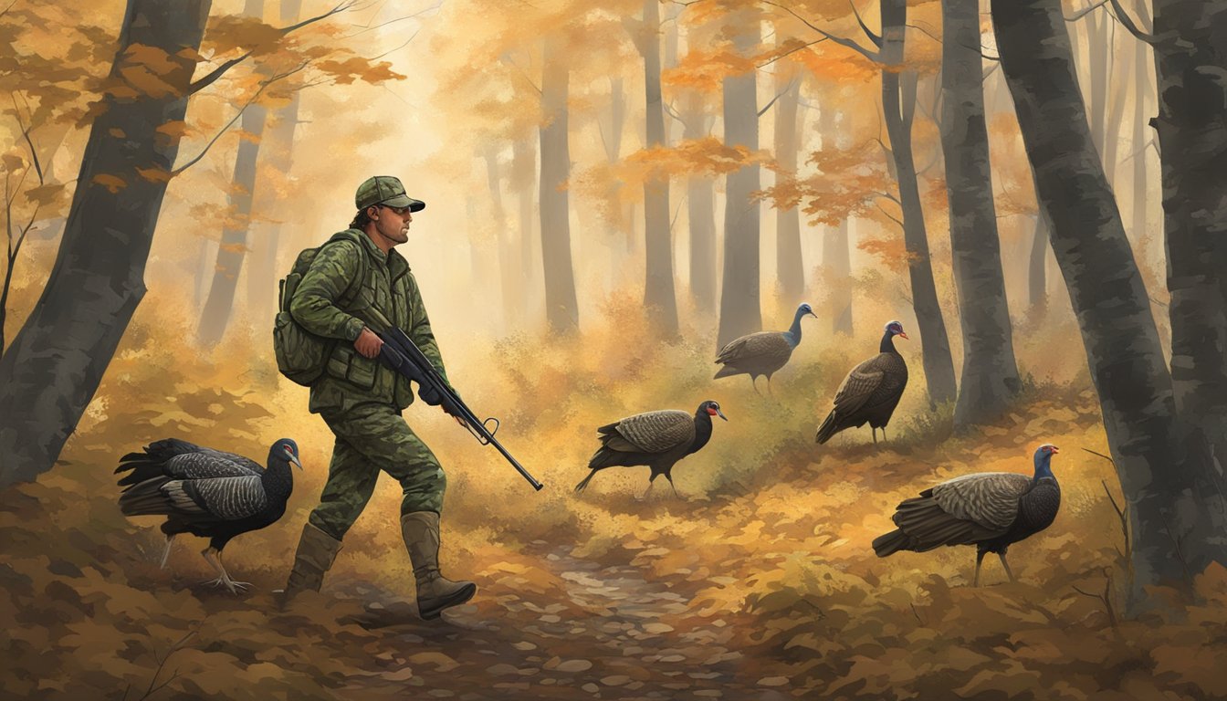 A hunter in camouflage follows regulations while hunting turkeys in a Connecticut forest