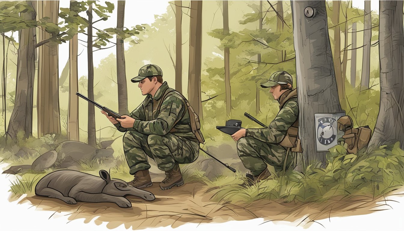 A hunter in camouflage setting up decoys in a wooded area near a sign outlining hunting regulations