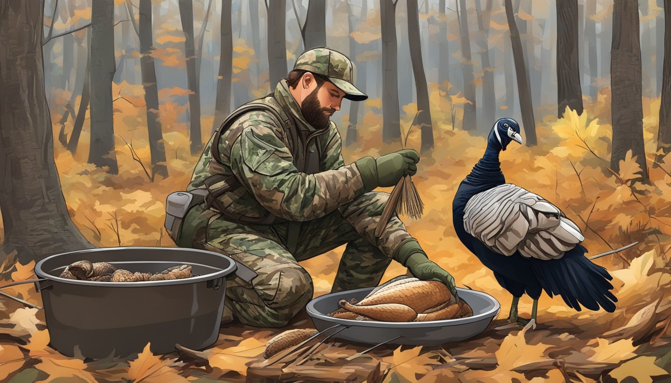 A hunter in camouflage cleans and prepares a turkey after a successful hunt in the Connecticut woods