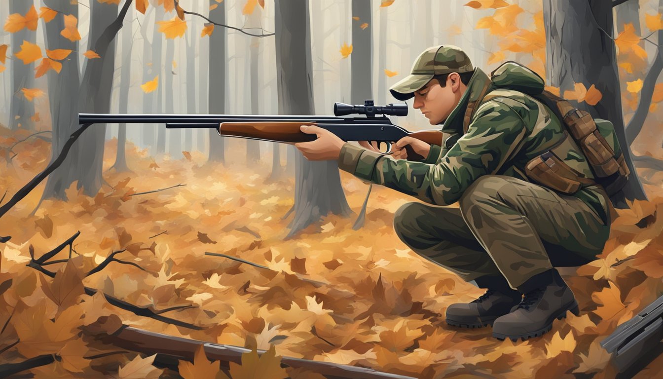 A hunter in camouflage gear loads shells into a shotgun in a wooded area with fallen leaves and pine trees