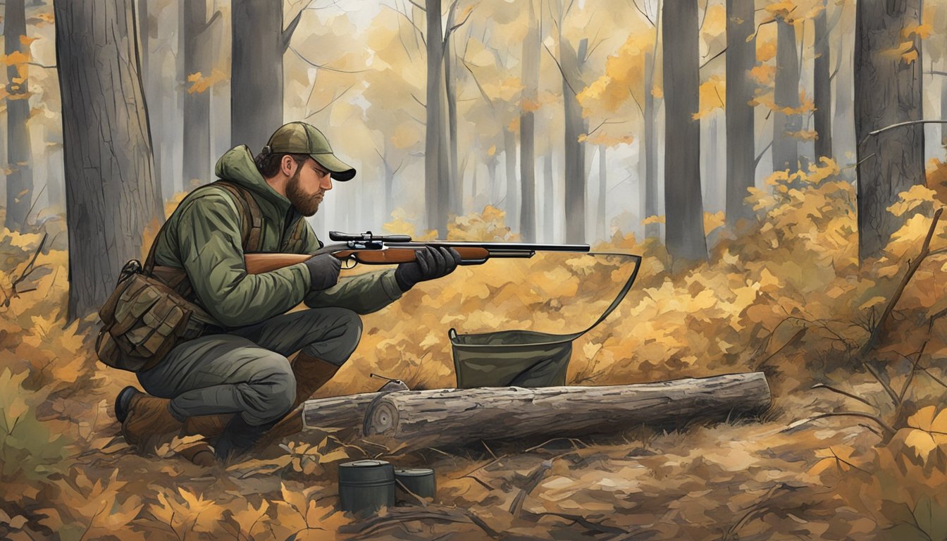 A hunter setting up a decoy spread in a wooded area, with a shotgun and camouflage gear nearby