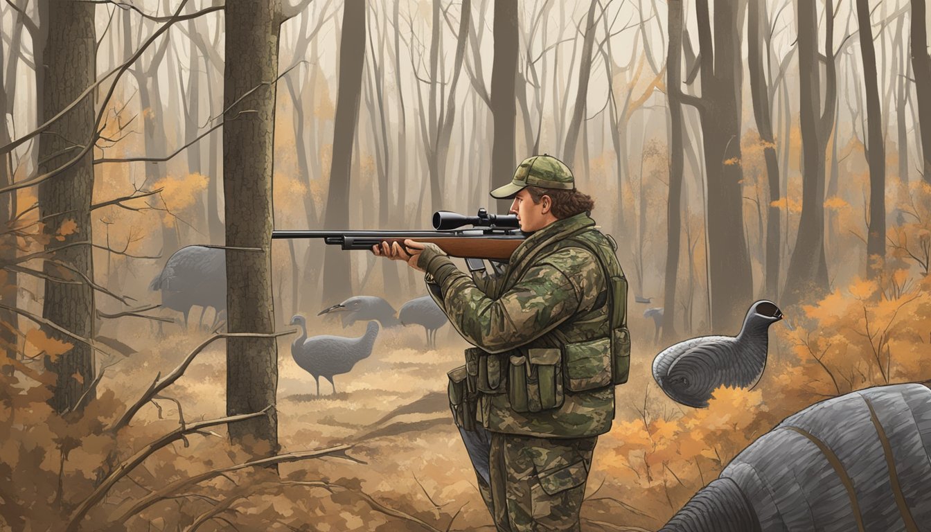 A hunter in camouflage aiming a shotgun at a turkey in a wooded area with signage for Public Lands and Wildlife Management Areas in Delaware