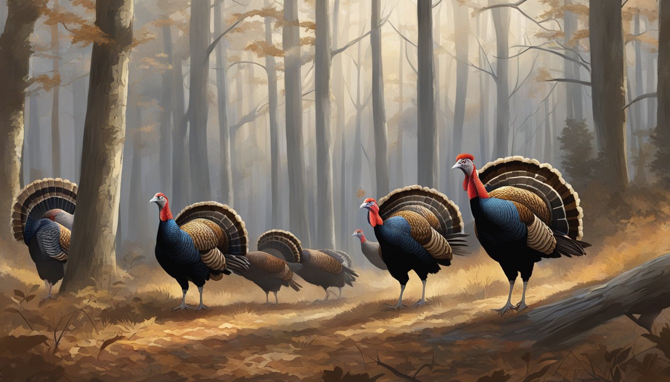 A group of wild turkeys roam through a wooded area in the hunting district of Columbia, with a mix of tall trees and thick underbrush providing cover