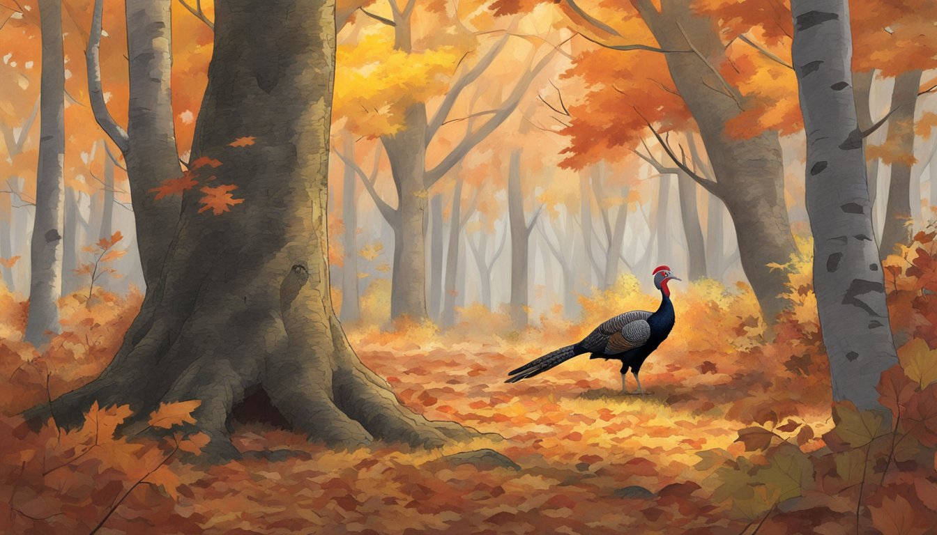 A hunter in camouflage waits in a wooded area, surrounded by fallen leaves in various shades of red, orange, and yellow. A wild turkey cautiously peeks out from behind a tree