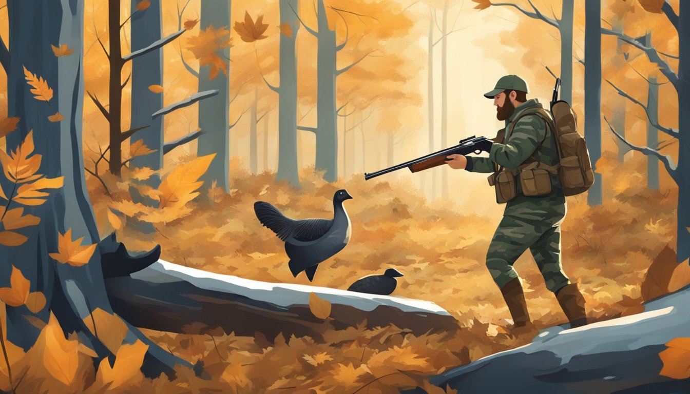 A hunter in camouflage aims a shotgun at a turkey in a forest clearing. Fallen leaves and trees surround the scene