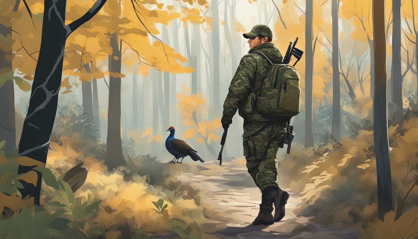 A hunter in camouflage cautiously moves through a wooded area in an urban setting, keeping an eye out for wild turkeys