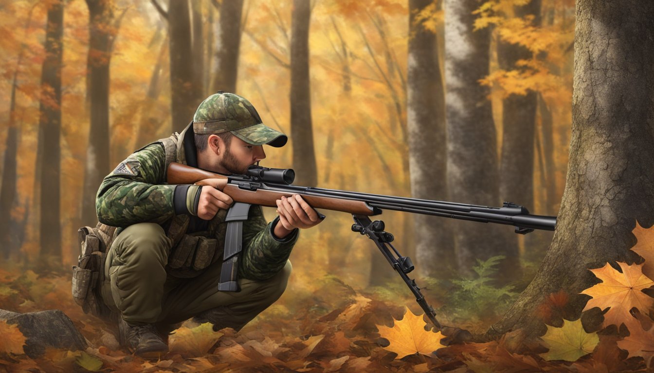 A hunter in camouflage aiming at a turkey in a Delaware forest clearing, surrounded by autumn foliage and fallen leaves