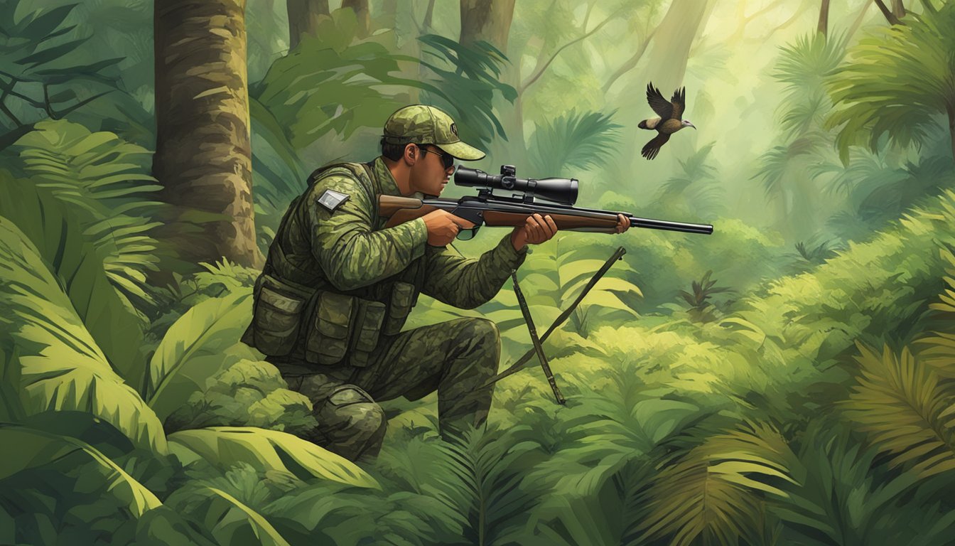 A hunter in camouflage aiming at a wild turkey in a lush Hawaiian forest