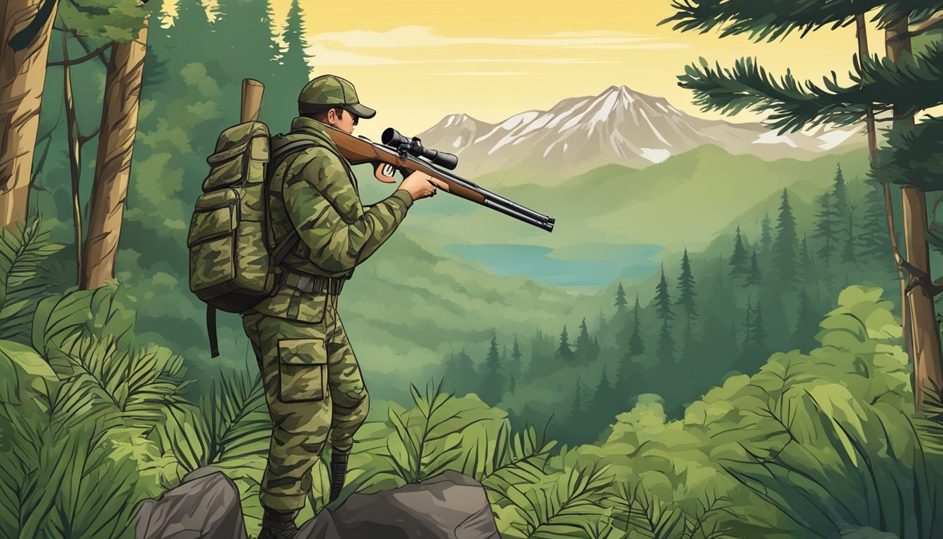 A hunter in camouflage gear with a shotgun, backpack, and binoculars in a lush forest with a mountain backdrop