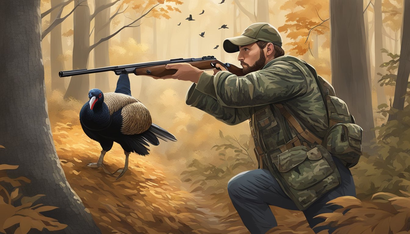 A hunter in camouflage aiming at a turkey in a wooded area in Georgia