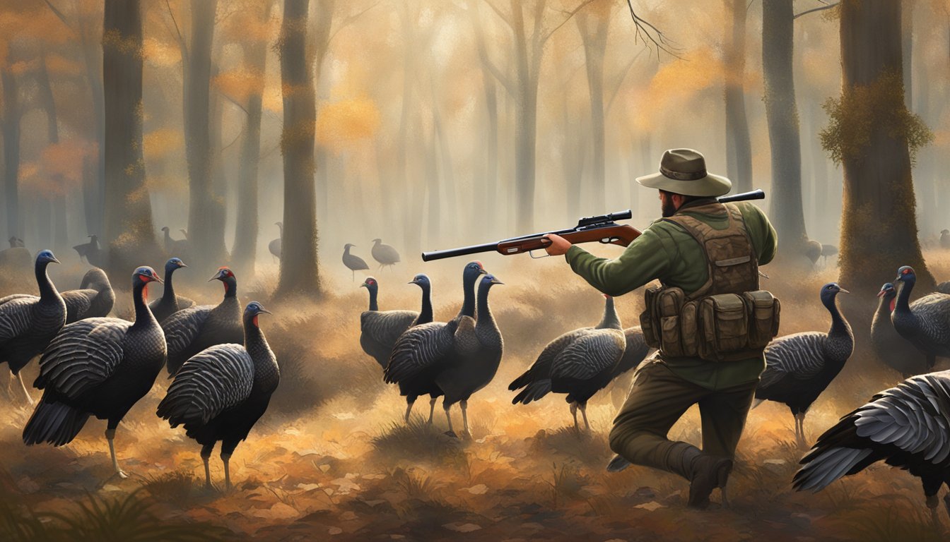 A hunter in a camouflaged outfit aiming a shotgun at a flock of wild turkeys in a Florida forest clearing