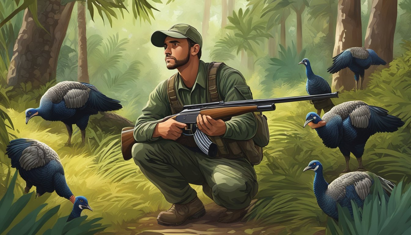 A hunter in camouflage gear crouches behind a bush, aiming a shotgun at a flock of wild turkeys in a lush Hawaiian forest