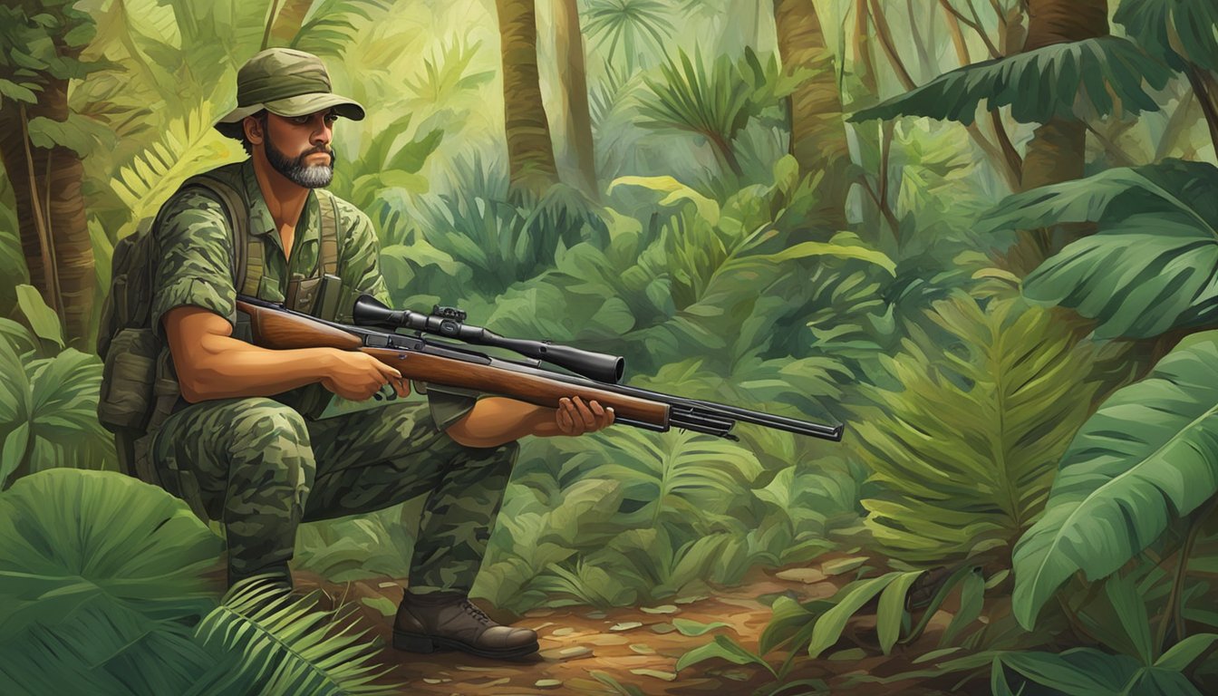 A hunter in camouflage waits in a lush Hawaiian forest, shotgun at the ready, as wild turkeys forage among the tropical foliage