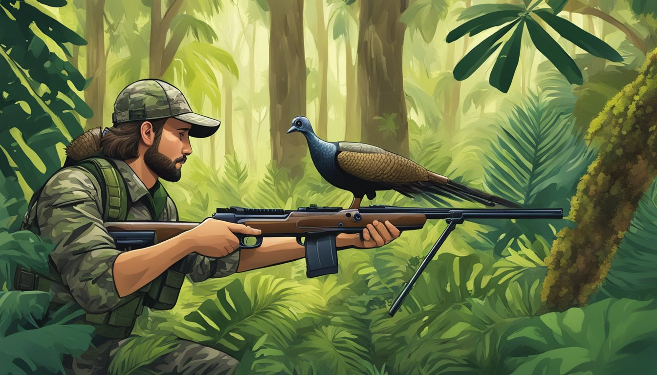 A hunter in camouflage aiming at a wild turkey in a lush Hawaiian forest