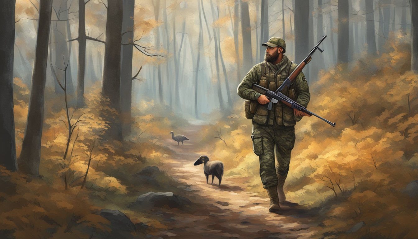 A hunter in camouflage, carrying a shotgun, quietly moves through the forest in Georgia, keeping an eye out for wild turkeys