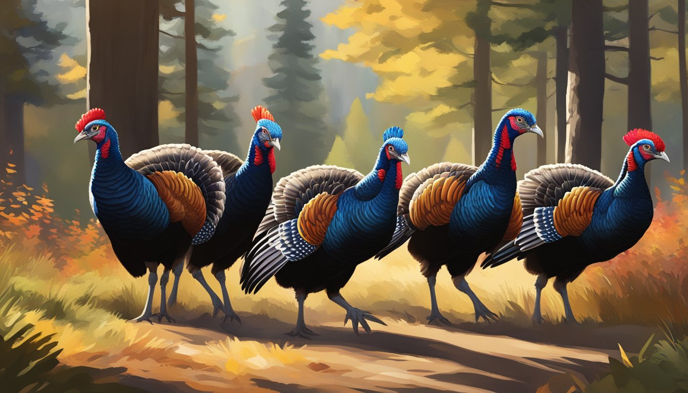 A group of wild turkeys roam through the forest in Idaho, their colorful feathers shining in the dappled sunlight