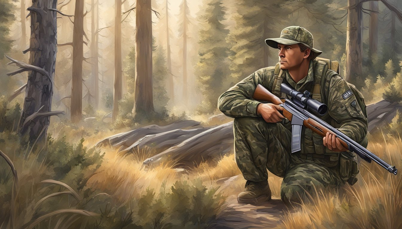 A hunter in camouflage with a shotgun, surrounded by trees and bushes in the Idaho wilderness