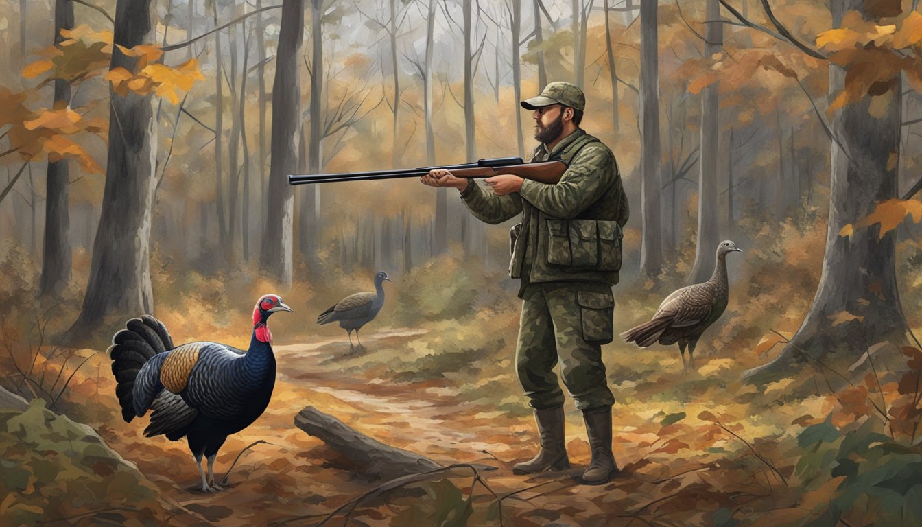 A hunter in camouflage aiming a shotgun at a turkey in a wooded area of Georgia. The turkey is standing alert in a clearing