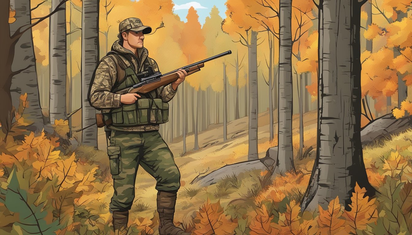 A hunter in camouflage waits in a forest clearing, surrounded by autumn foliage and a sign outlining turkey hunting regulations in Idaho