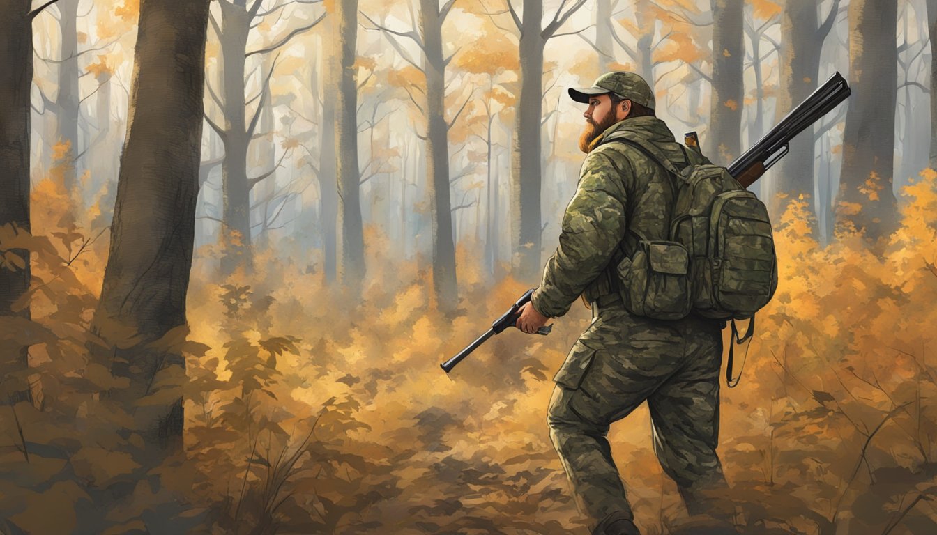 A hunter in camouflage navigates through the dense Indiana forest, carrying a shotgun and scanning the area for wild turkeys