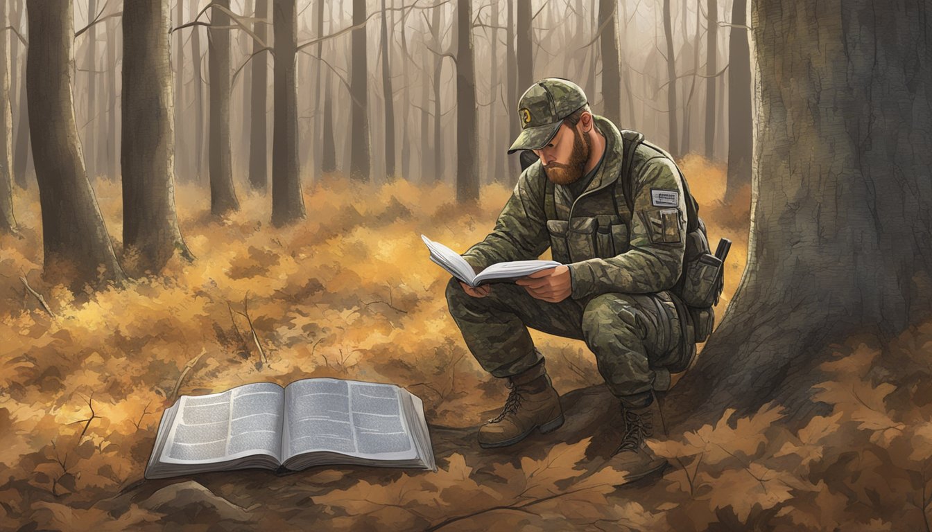 A hunter in camouflage reading Illinois turkey hunting regulations by a tree in a forest clearing