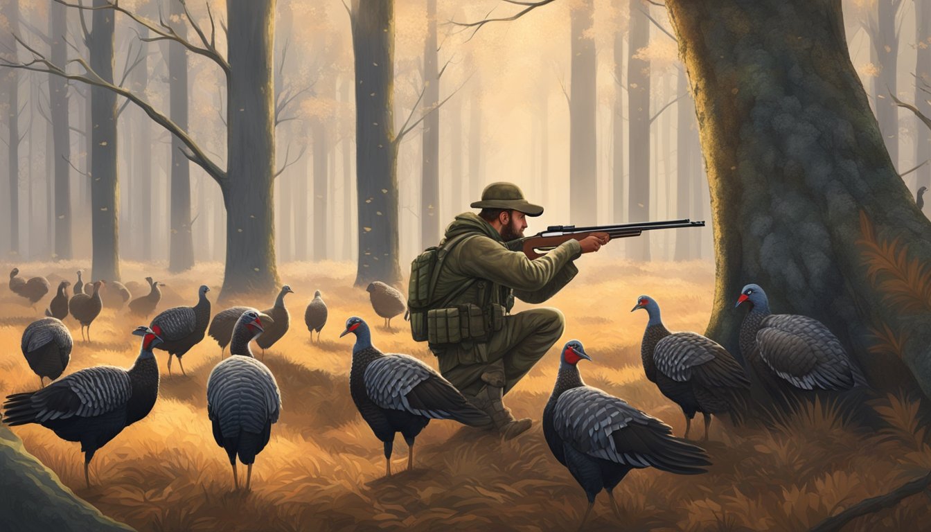 A hunter in camouflage gear crouches behind a tree, aiming a shotgun at a flock of wild turkeys in a forest clearing