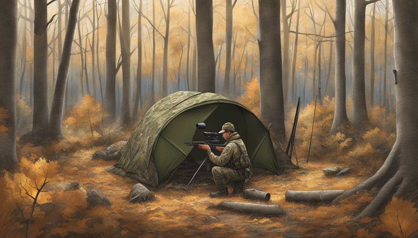 A hunter sets up a camouflaged blind in a wooded area, with decoys placed strategically around, waiting for turkeys to approach