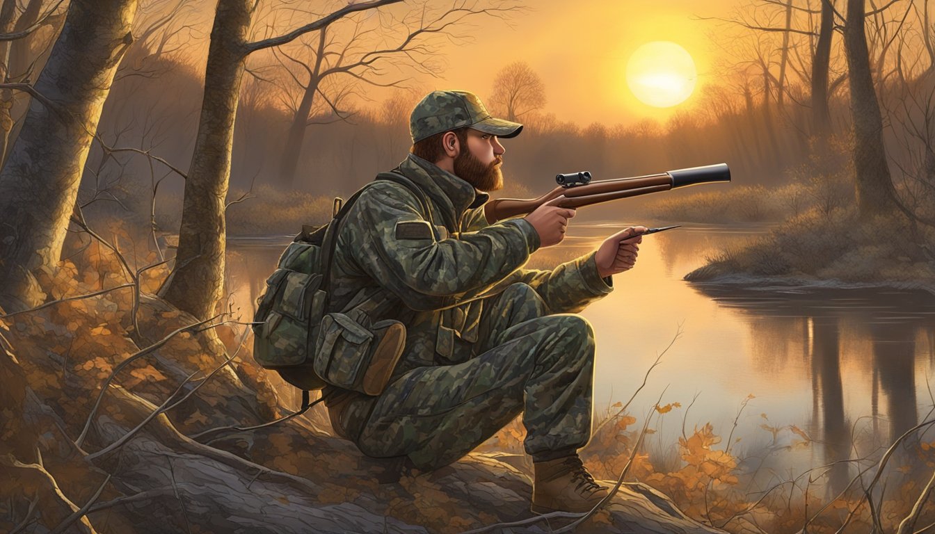 A hunter in camouflage waits in a wooded area, using a turkey call to attract the birds. The sun sets over the Indiana landscape